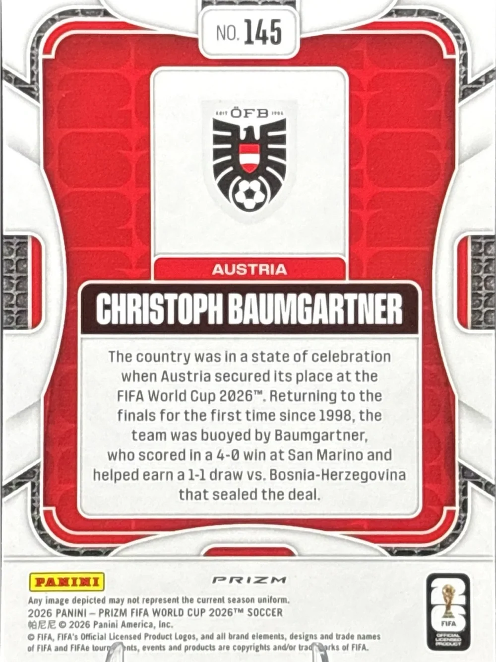 Panini Prizm Austria Christoph Baumgartner Silver Prizm Trading Card
